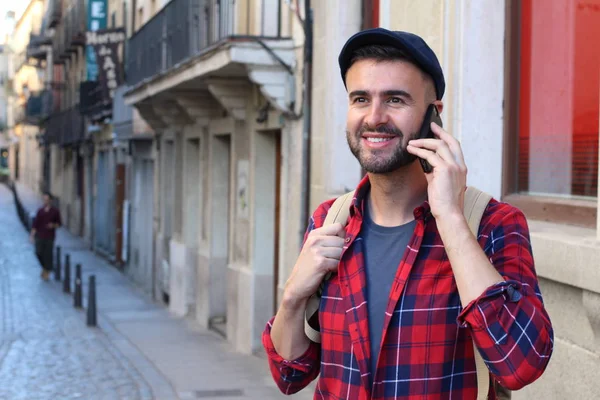 Close Portrait Handsome Young Man Backpack Talking Phone Old City — 스톡 사진