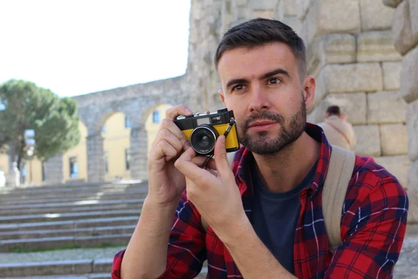 Close Portrait Handsome Young Man Taking Photo Vintage Film Camera — 스톡 사진