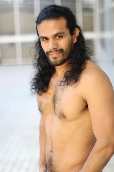 Close Portrait Handsome Young Man Mixed Race Long Hair Looking — Stock Photo, Image