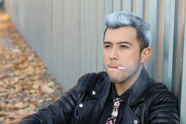 Close Shot Handsome Young Man Colorful Hair Stylish Clothes Street — 스톡 사진