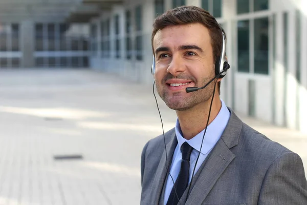 Close Portrait Handsome Young Businessman Call Center Headphones Microphone Street — Stock Photo, Image