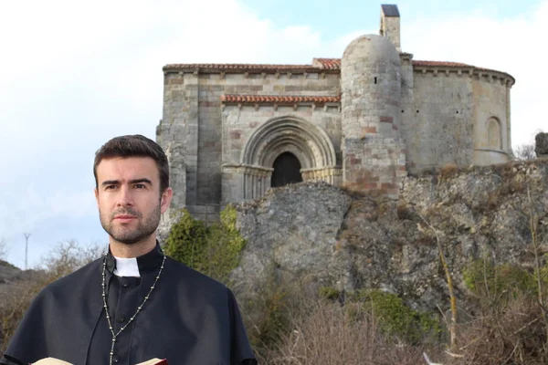 Close Portrait Handsome Young Priest Front Ancient Cathedral — Stock Photo, Image