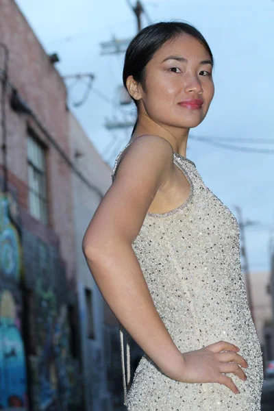 Elegante Mujer Asiática Callejón Urbano Oscuro Camino Con Espacio Copia —  Fotos de Stock