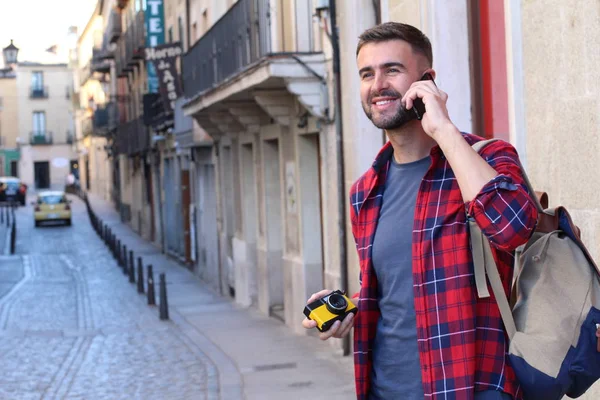 Close Portrait Handsome Young Man Backpack Talking Phone Old City — 스톡 사진