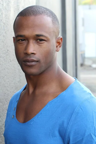 Close Portrait Handsome Young African American Man Blue Shirt Street — 스톡 사진