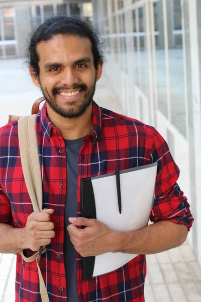 Close Portret Van Knappe Jonge Gemengde Ras Student Rood Geruite — Stockfoto