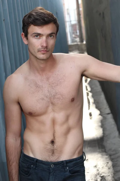 Close Portrait Handsome Shirtless Young Man Street — Stock Photo, Image