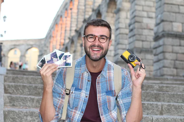 Young Bearded Man Glasses Holding Camera Photos — 스톡 사진