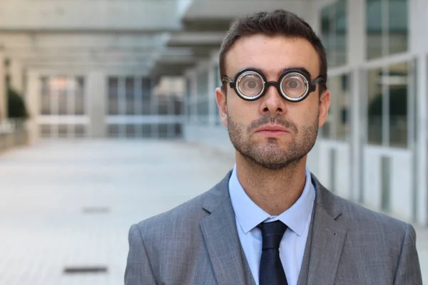 Portrait Près Beau Jeune Homme Affaires Portant Des Lunettes Rondes — Photo