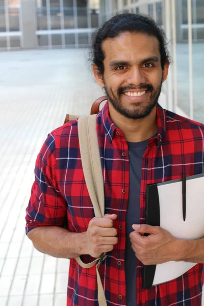 Close Retrato Belo Jovem Estudante Raça Mista Camisa Xadrez Vermelho — Fotografia de Stock