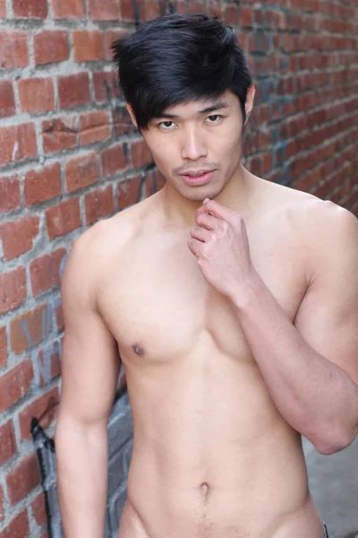 Primer Plano Retrato Guapo Joven Asiático Sin Camisa Hombre Calle — Foto de Stock