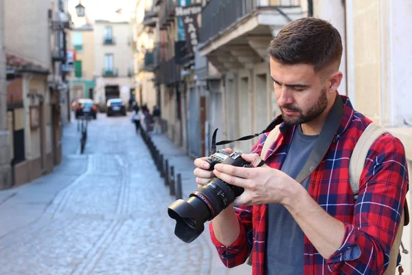 Close Portrait Handsome Young Man Backpack Dslr Camera Old City — 스톡 사진