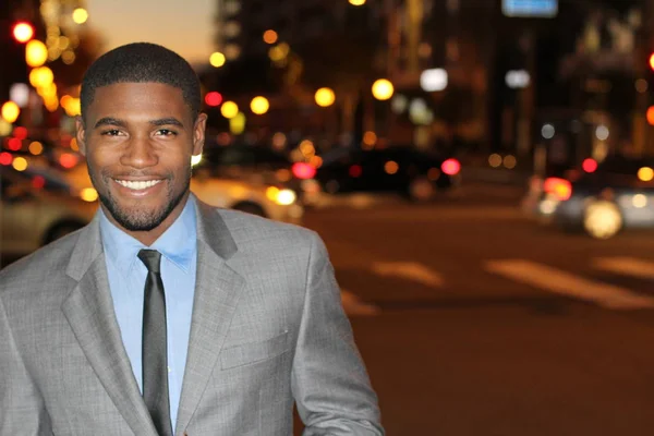 Close Portrait Handsome Young African American Businessman Street Night — Stock Photo, Image