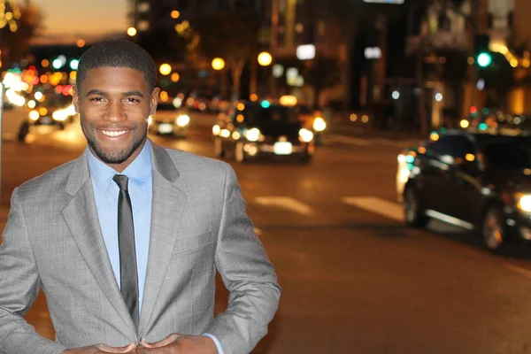 Close Portrait Handsome Young African American Businessman Street Night — Stock Photo, Image