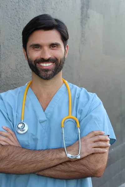 Portrait Smiling Doctor Stethoscope Standing Grey Wall Background — 스톡 사진