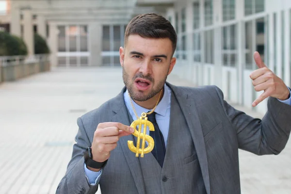 Close Portrait Handsome Young Businessman Suit Grimacing Dollar Sign Chain — Stockfoto
