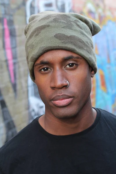 Close Portrait Handsome Young African American Man Black Shirt Hat — Stock Photo, Image