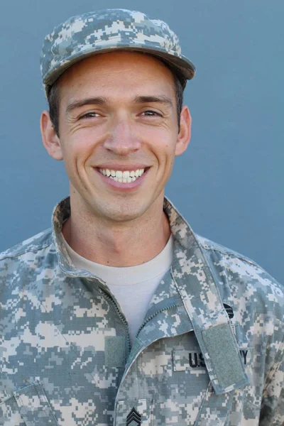 Close Portrait Handsome Young Soldier Uniform Cap Front Blue Wall — Stock Photo, Image