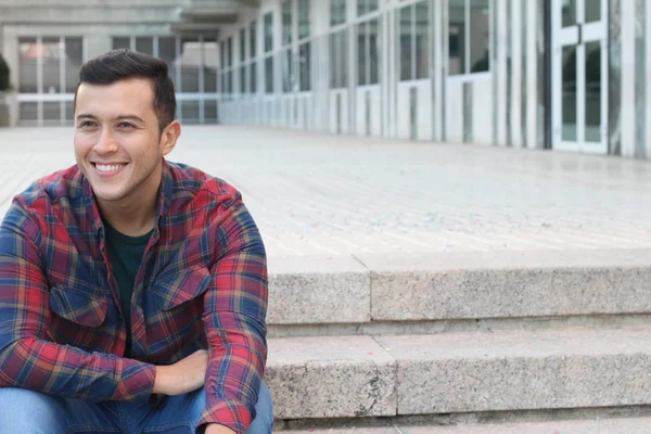 Close Portrait Handsome Young Man Plaid Shirt — ストック写真