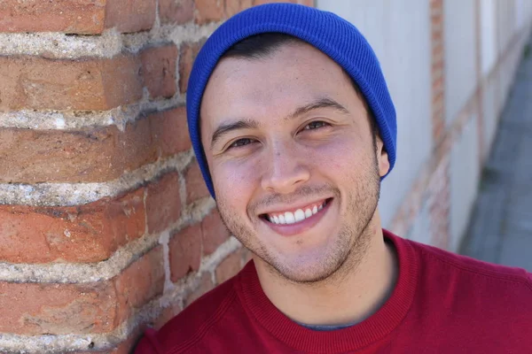 Close Portrait Handsome Young Man Casual Clothes Leaning Brick Wall — 스톡 사진