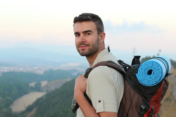 Close Portrait Handsome Young Tourist Backpack Nature — Stock Photo, Image