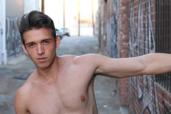 Close Portrait Handsome Shirtless Young Man Street — Stock Photo, Image