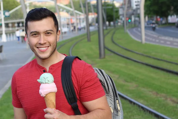 Close Portrait Handsome Young Man Casual Clothes Ice Cream Street — Stock Photo, Image