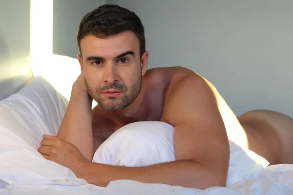 Close Portrait Handsome Young Naked Man Lying Bed Morning — Stock Photo, Image