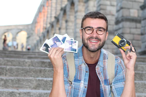 Young Bearded Man Glasses Holding Camera Photos — 스톡 사진