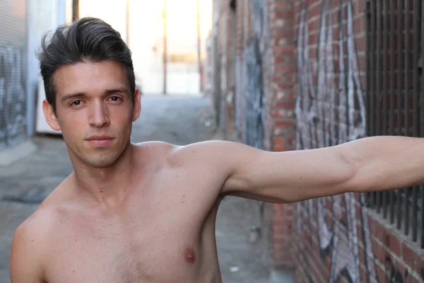 Close Portrait Handsome Shirtless Young Man Street — Stock Photo, Image