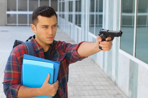 Primer Plano Retrato Joven Guapo Con Mochila Carpetas Sosteniendo Arma — Foto de Stock