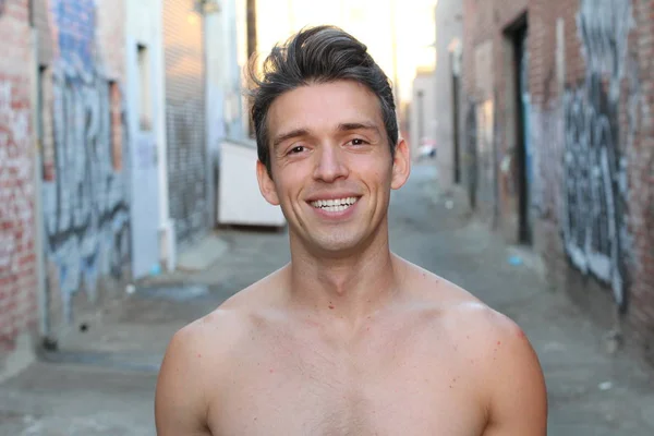 Close Portrait Handsome Shirtless Young Man Street — Stock Photo, Image