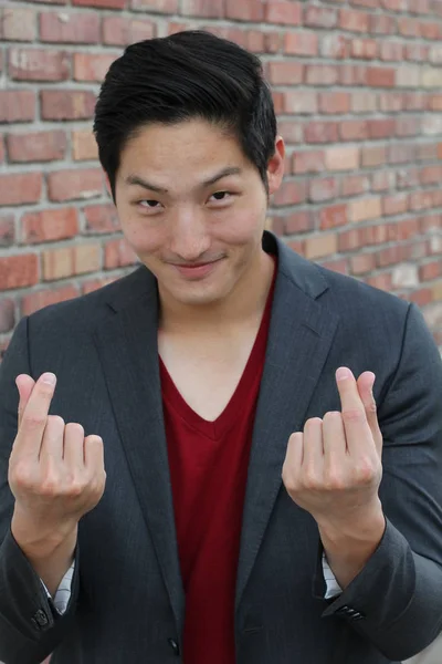 Close Portrait Handsome Young Asian Man Showing Money Gesture — Stock Photo, Image