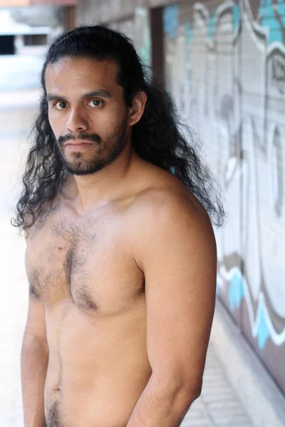 Close Portrait Handsome Young Mixed Race Shirtless Man Street — Stok fotoğraf