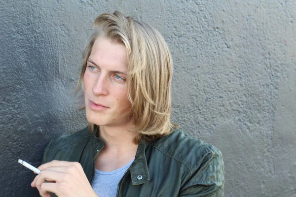 Close Portrait Handsome Young Stylish Man Long Hair Smoking Cigarette — 스톡 사진