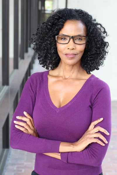 Gorgeous Senior African American Woman Wearing Purple Jacket Standing Outdoors — Stock Photo, Image