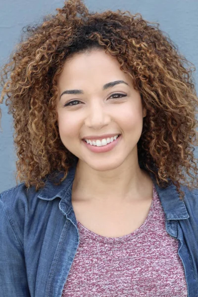 Latin Girl Blond Afro Hair Style Smiling Portrait Blue Background — Stockfoto