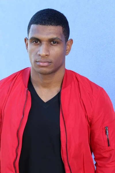 Close Portrait Handsome Young African American Man Red Jacket — 스톡 사진