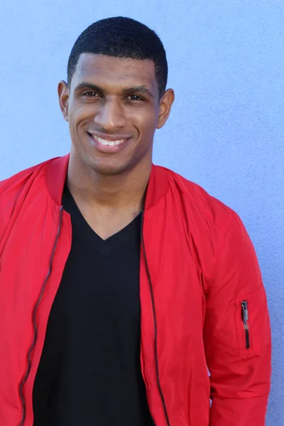 Close Portrait Handsome Young African American Man Red Jacket — 스톡 사진