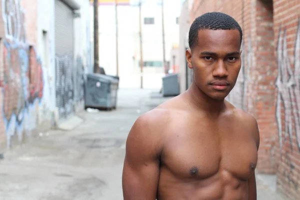 Close Portrait Handsome Shirtless African American Young Man Street — Stock Photo, Image