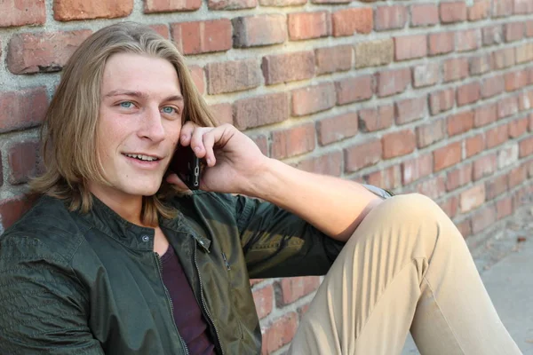 Close Portrait Handsome Young Stylish Man Long Hair Talking Phone — 스톡 사진