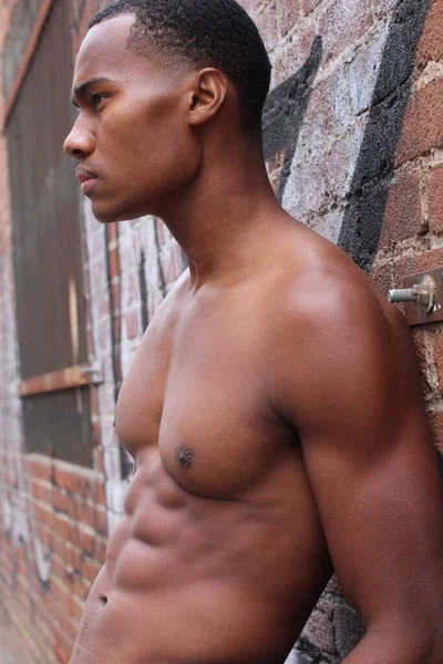 Close Portrait Handsome Shirtless African American Young Man Street — Stock Photo, Image