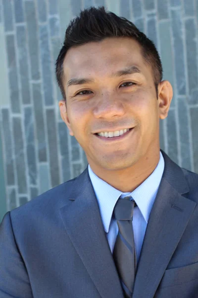 Close Portrait Handsome Young Businessman Grey Suit Mixed Race — Stock Photo, Image