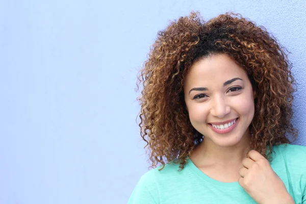 Latin Girl Blond Afro Hair Style Smiling Portrait Blue Background — Stockfoto