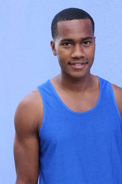 Close Portrait Handsome African American Young Man Front Blue Wall — Stock Photo, Image