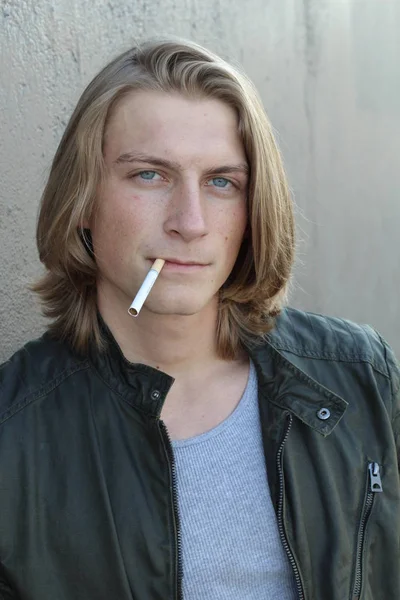 Close Portrait Handsome Young Stylish Man Long Hair Smoking Cigarette — 스톡 사진