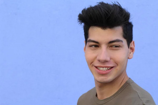 Close Portrait Handsome Young Man Posing Front Blue Wall — Stock Photo, Image