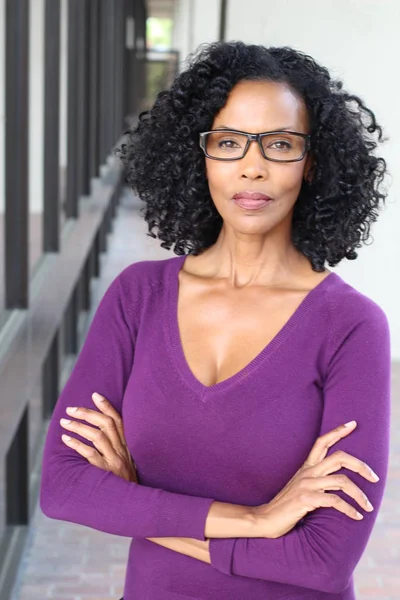 Gorgeous Senior African American Woman Wearing Purple Jacket Standing Outdoors — Stock Photo, Image