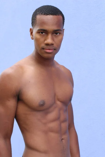 Close Portrait Handsome Shirtless African American Young Man Front Blue — Stock Photo, Image