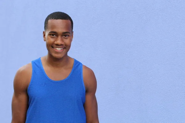 Close Portrait Handsome African American Young Man Front Blue Wall — Stock Photo, Image